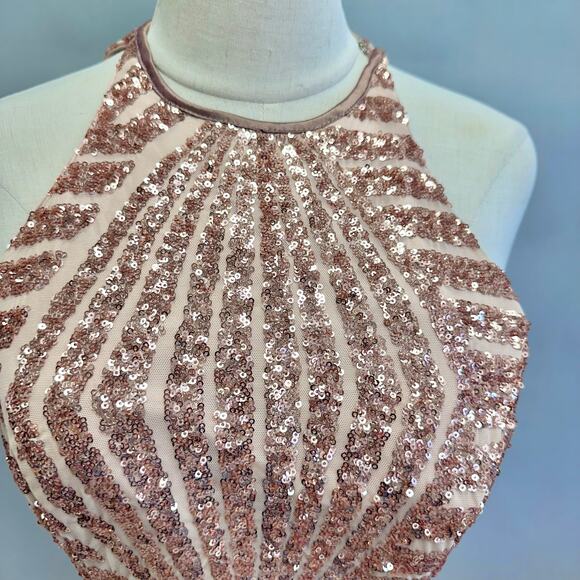 Vintage Cache Rose Gold Sequin Halter Gown Sz 6 Geometric Maxi Formal Dress Y2K - Picture 10 of 16